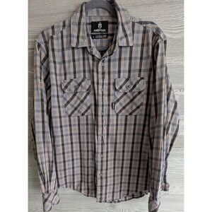 Kryptek Mens Plaid Snap Front Button Down Shirt Tan Blue Black Large Cotton SZ L